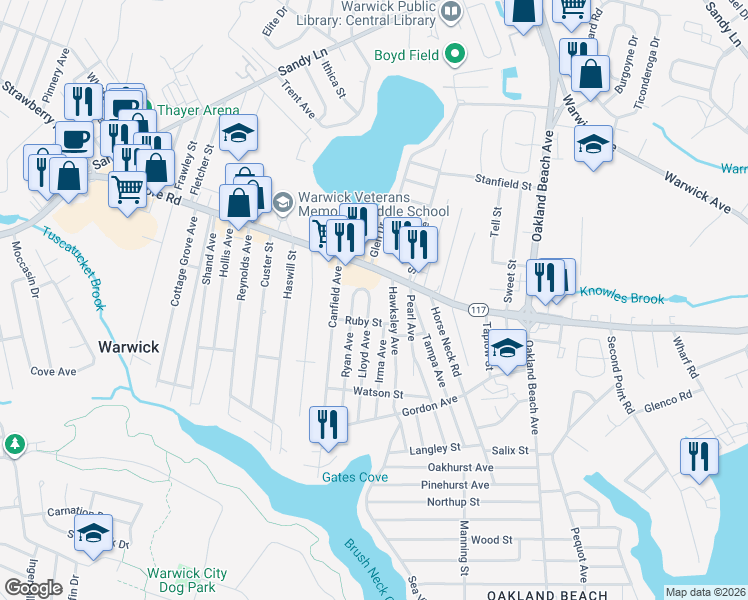map of restaurants, bars, coffee shops, grocery stores, and more near 25 Lloyd Avenue in Warwick