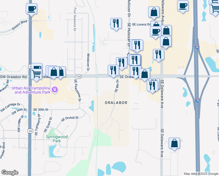 map of restaurants, bars, coffee shops, grocery stores, and more near 2810 Southeast Rio Drive in Ankeny
