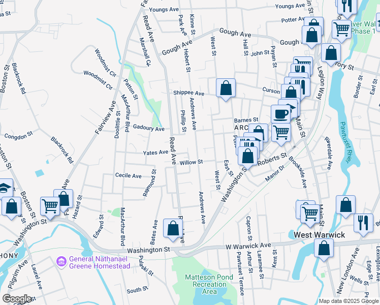 map of restaurants, bars, coffee shops, grocery stores, and more near 22 Bennett Street in West Warwick