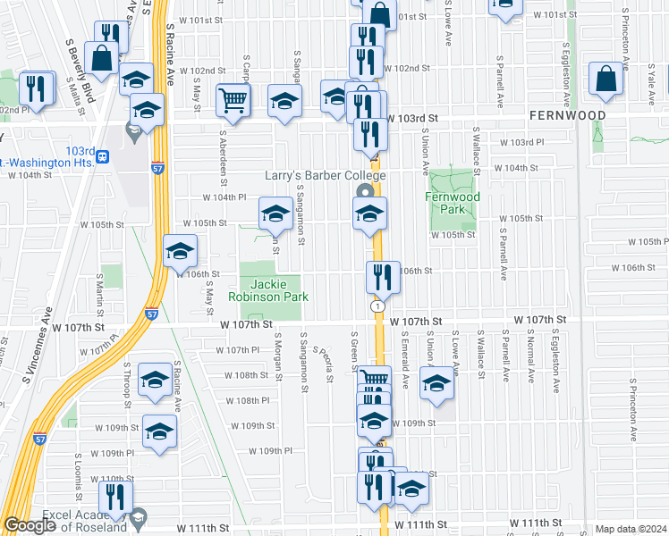 map of restaurants, bars, coffee shops, grocery stores, and more near 10557 South Peoria Street in Chicago