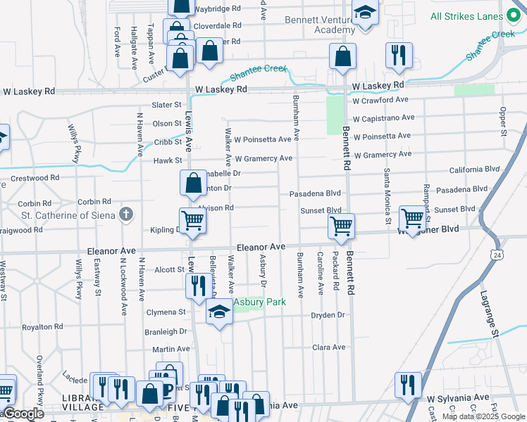 map of restaurants, bars, coffee shops, grocery stores, and more near 737 Alvison Road in Toledo