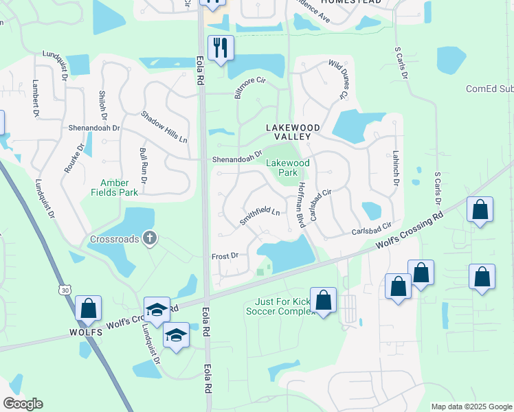 map of restaurants, bars, coffee shops, grocery stores, and more near 2560 Smithfield Lane in Aurora