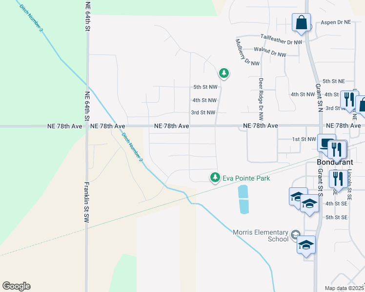 map of restaurants, bars, coffee shops, grocery stores, and more near 509 1st Street Northwest in Bondurant