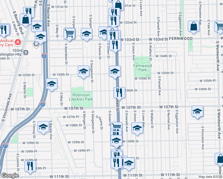 map of restaurants, bars, coffee shops, grocery stores, and more near 10557 South Green Street in Chicago