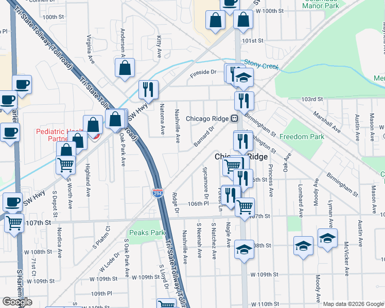 map of restaurants, bars, coffee shops, grocery stores, and more near 10421 Barnard Drive in Chicago Ridge