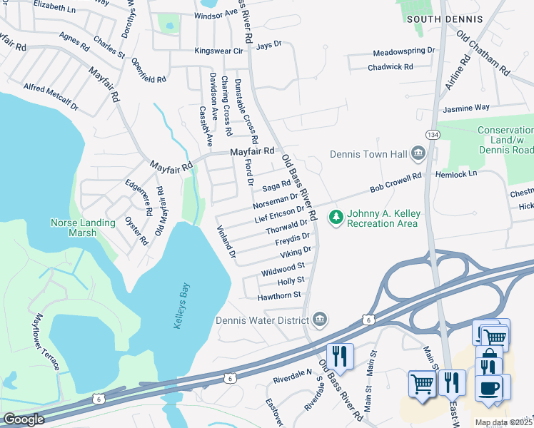 map of restaurants, bars, coffee shops, grocery stores, and more near 34 Lief Ericson Drive in Dennis