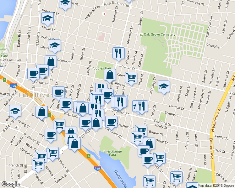 map of restaurants, bars, coffee shops, grocery stores, and more near 120 Orange Street in Fall River