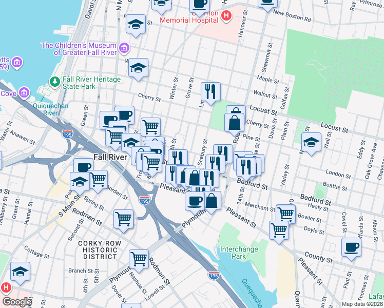 map of restaurants, bars, coffee shops, grocery stores, and more near 530 Bank Street in Fall River