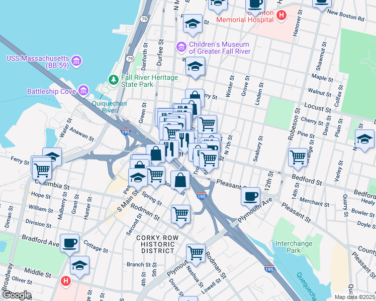 map of restaurants, bars, coffee shops, grocery stores, and more near 2 Government Ctr in Fall River