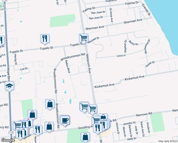 map of restaurants, bars, coffee shops, grocery stores, and more near 665 Metacom Avenue in Bristol