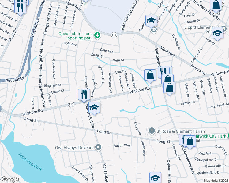 map of restaurants, bars, coffee shops, grocery stores, and more near 63 Deacon Ave in Warwick