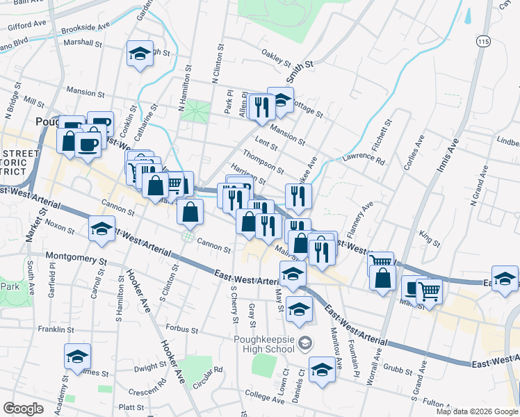 map of restaurants, bars, coffee shops, grocery stores, and more near 17 Rose Street in Poughkeepsie