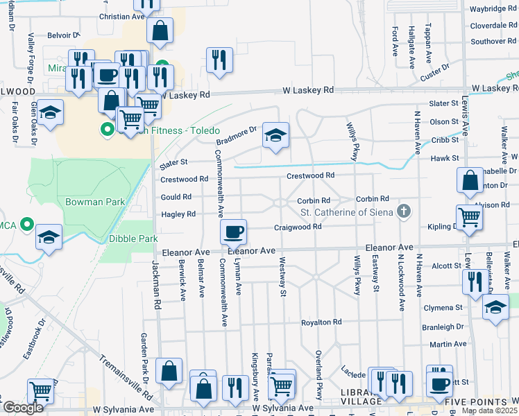 map of restaurants, bars, coffee shops, grocery stores, and more near 1488 Hagley Road in Toledo