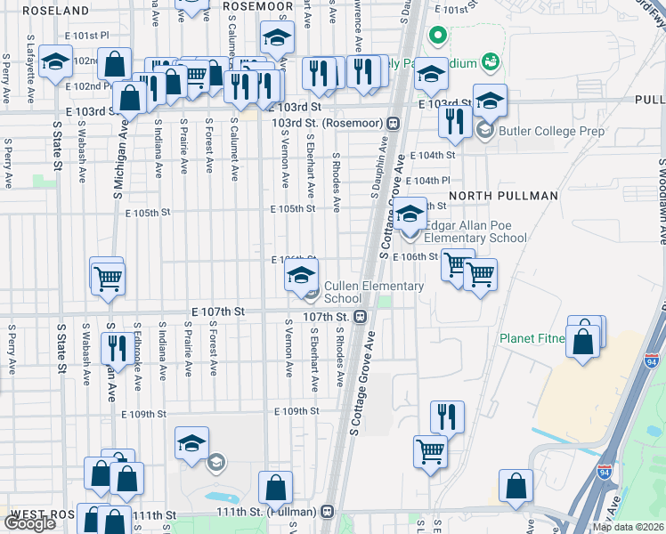 map of restaurants, bars, coffee shops, grocery stores, and more near 10609 South Eberhart Avenue in Chicago