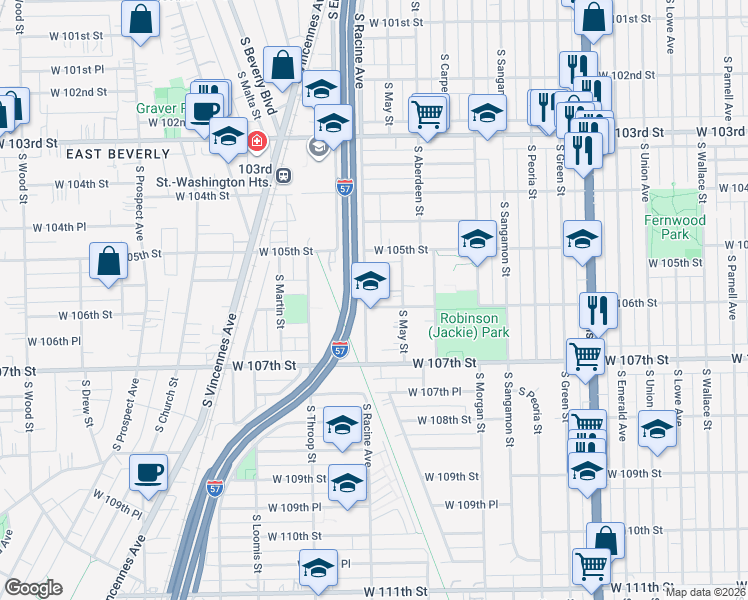 map of restaurants, bars, coffee shops, grocery stores, and more near 10557 South Racine Avenue in Chicago