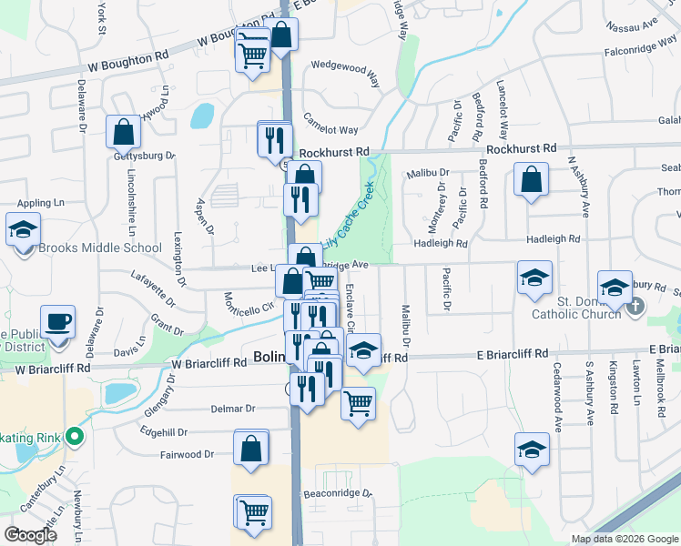 map of restaurants, bars, coffee shops, grocery stores, and more near 230 North Bolingbrook Drive in Bolingbrook