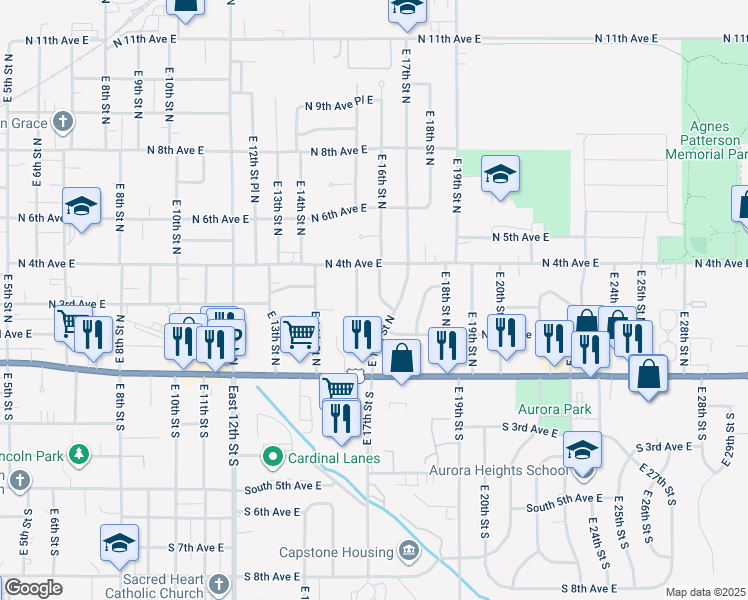 map of restaurants, bars, coffee shops, grocery stores, and more near 306 East 15th Street North in Newton