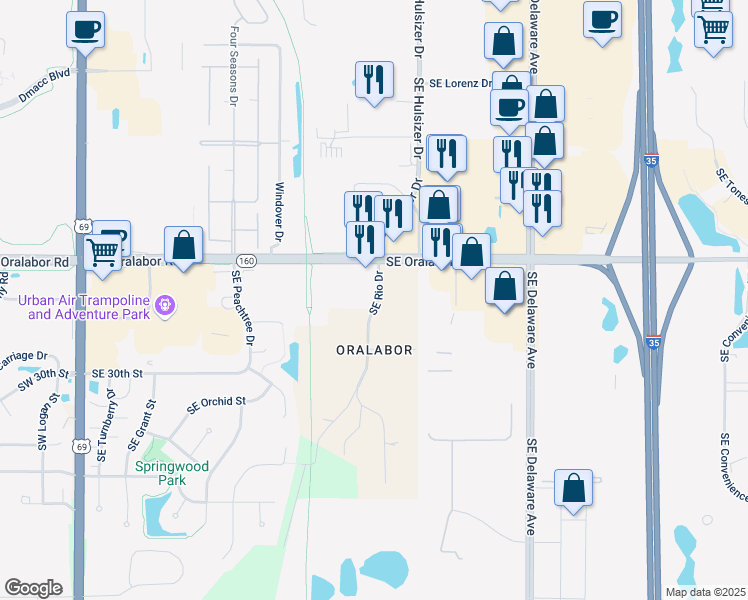 map of restaurants, bars, coffee shops, grocery stores, and more near 2810 Southeast Rio Drive in Ankeny