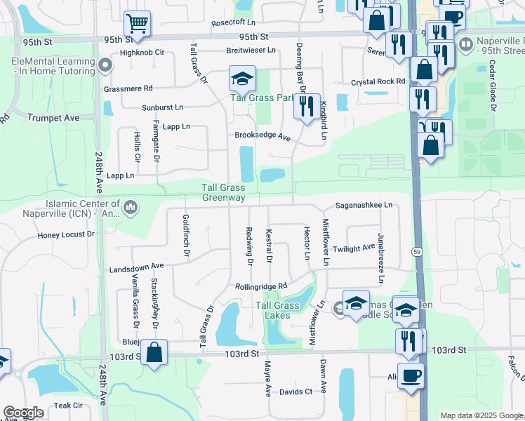 map of restaurants, bars, coffee shops, grocery stores, and more near 3407 Kestral Drive in Naperville
