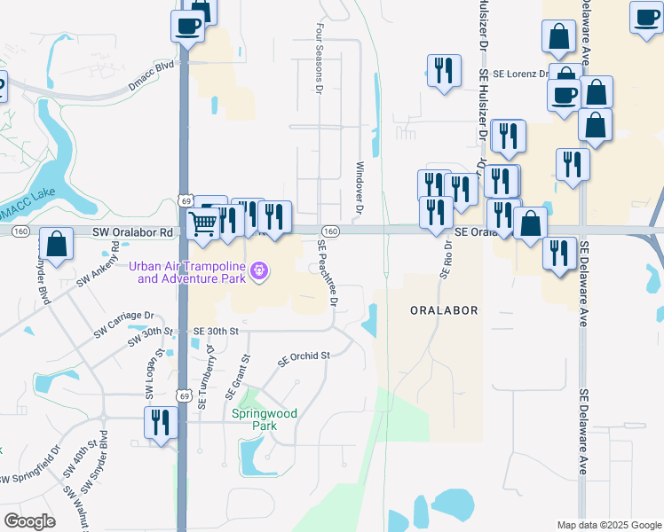 map of restaurants, bars, coffee shops, grocery stores, and more near 2701 Southeast Peachtree Drive in Ankeny