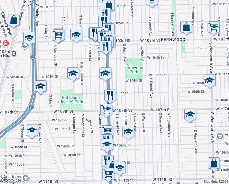 map of restaurants, bars, coffee shops, grocery stores, and more near 10556 South Emerald Avenue in Chicago