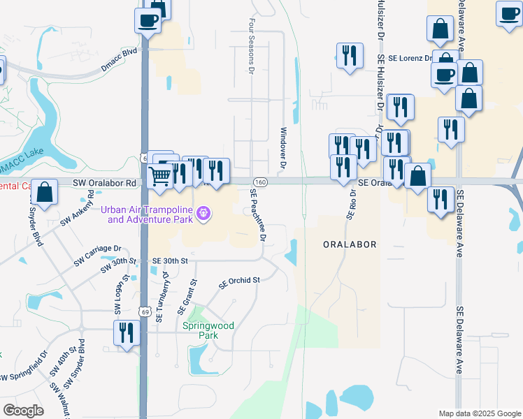 map of restaurants, bars, coffee shops, grocery stores, and more near 2701 Southeast Peachtree Drive in Ankeny