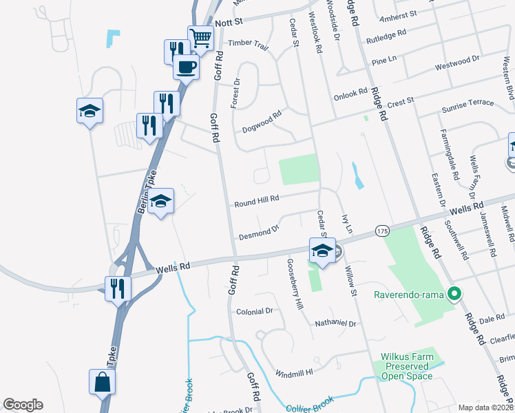 map of restaurants, bars, coffee shops, grocery stores, and more near 21 Penwood Lane in Wethersfield