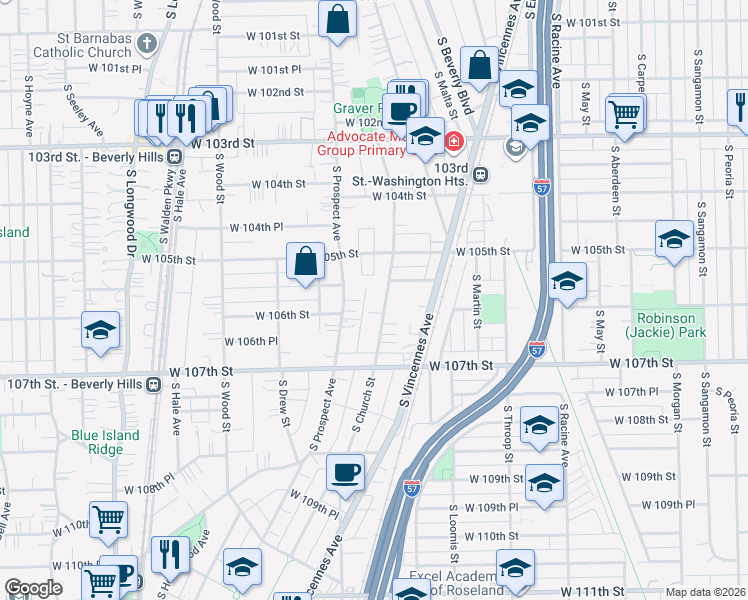 map of restaurants, bars, coffee shops, grocery stores, and more near 10555 South Church Street in Chicago