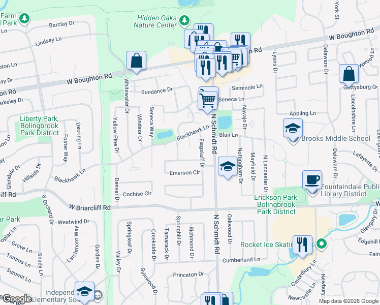map of restaurants, bars, coffee shops, grocery stores, and more near 206 Shawnee Drive in Bolingbrook