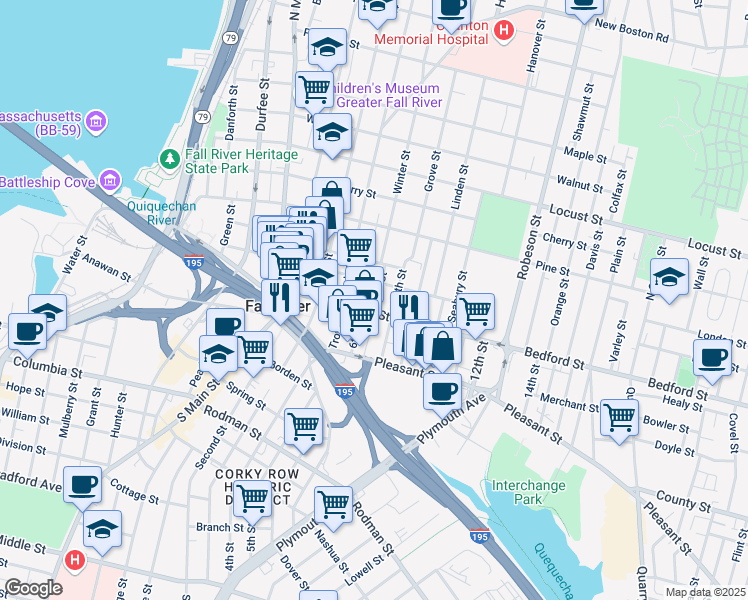 map of restaurants, bars, coffee shops, grocery stores, and more near 24 Oak Street in Fall River