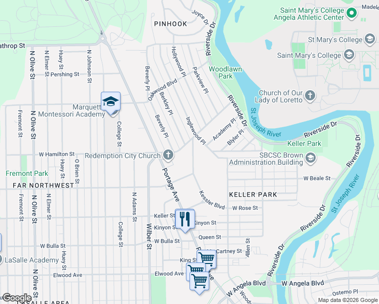 map of restaurants, bars, coffee shops, grocery stores, and more near 1801-1999 Kessler Blvd in South Bend