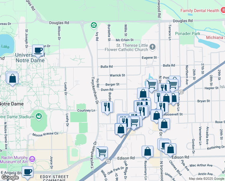 map of restaurants, bars, coffee shops, grocery stores, and more near 54512 Burdette Street in South Bend