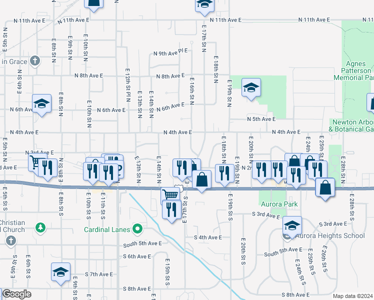 map of restaurants, bars, coffee shops, grocery stores, and more near 307 East 16th Street North in Newton