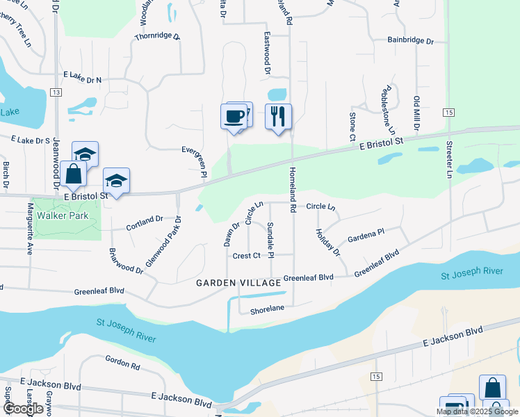 map of restaurants, bars, coffee shops, grocery stores, and more near 23354 Circle Lane in Elkhart