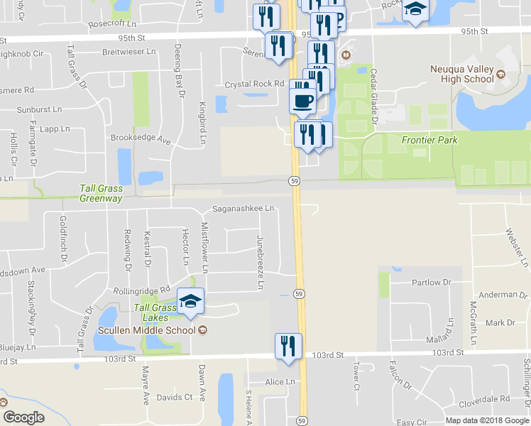 map of restaurants, bars, coffee shops, grocery stores, and more near 3040 Saganashkee Lane in Naperville