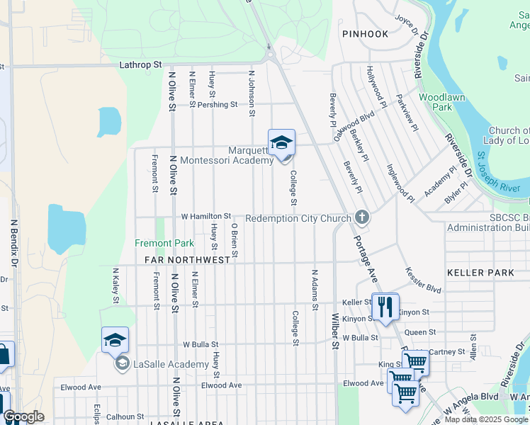map of restaurants, bars, coffee shops, grocery stores, and more near 1909 West Hamilton Street in South Bend
