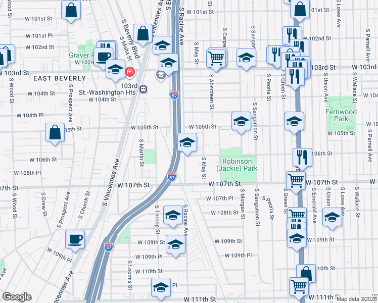 map of restaurants, bars, coffee shops, grocery stores, and more near 10557 South Racine Avenue in Chicago