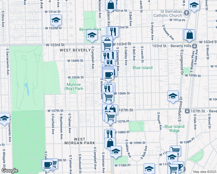 map of restaurants, bars, coffee shops, grocery stores, and more near 10543 South Western Avenue in Chicago