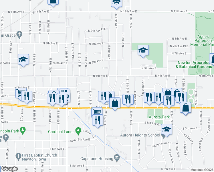 map of restaurants, bars, coffee shops, grocery stores, and more near 303 East 16th Street North in Newton