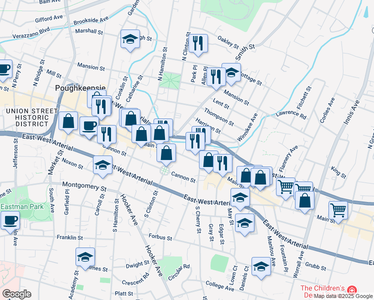 map of restaurants, bars, coffee shops, grocery stores, and more near 503 Main Street in Poughkeepsie