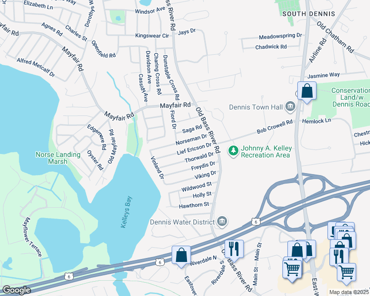 map of restaurants, bars, coffee shops, grocery stores, and more near 34 Lief Ericson Drive in Dennis