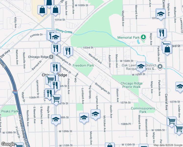 map of restaurants, bars, coffee shops, grocery stores, and more near 10423 Lombard Avenue in Chicago Ridge
