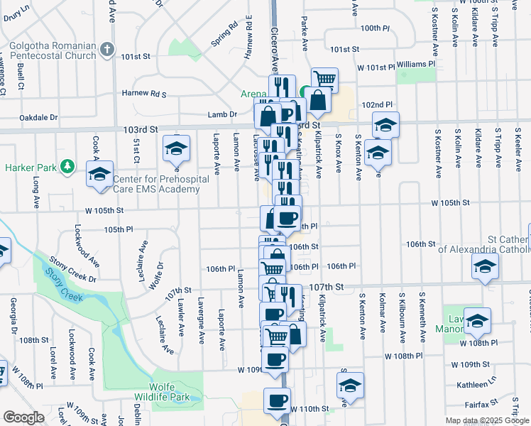 map of restaurants, bars, coffee shops, grocery stores, and more near 4817 W 105th St in Oak Lawn