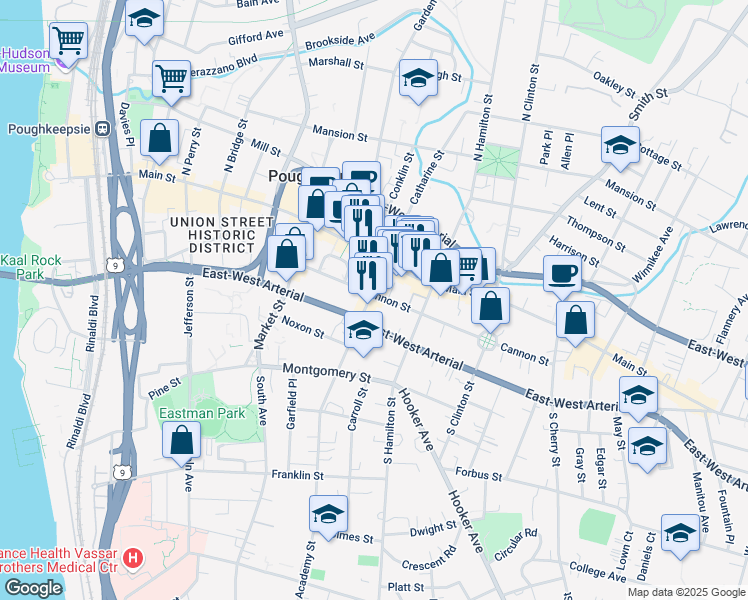 map of restaurants, bars, coffee shops, grocery stores, and more near 27 Academy Street in Poughkeepsie