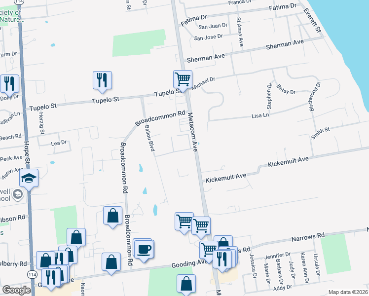 map of restaurants, bars, coffee shops, grocery stores, and more near 667 Metacom Avenue in Bristol