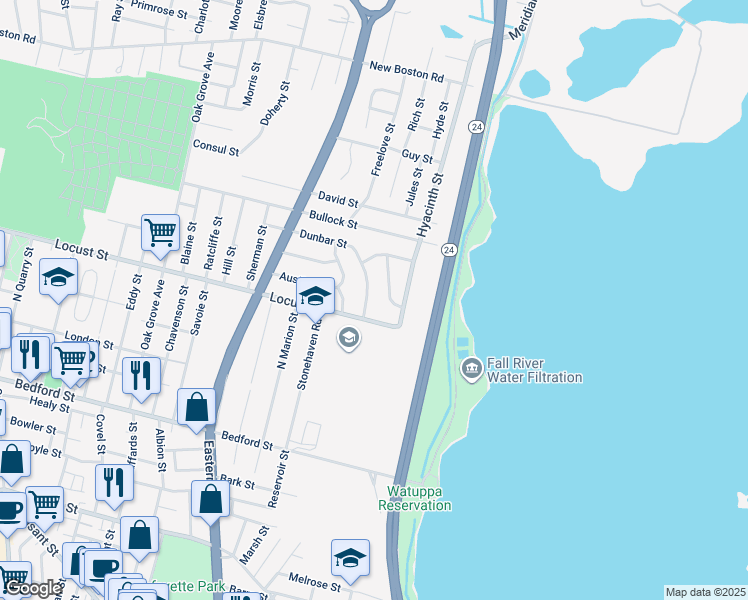 map of restaurants, bars, coffee shops, grocery stores, and more near 344 Dunbar Street in Fall River