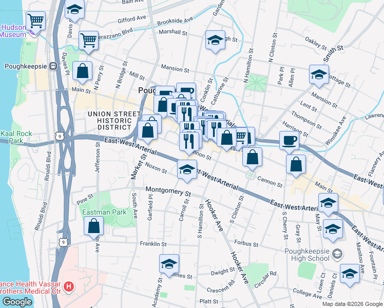 map of restaurants, bars, coffee shops, grocery stores, and more near 29 Academy Street in Poughkeepsie