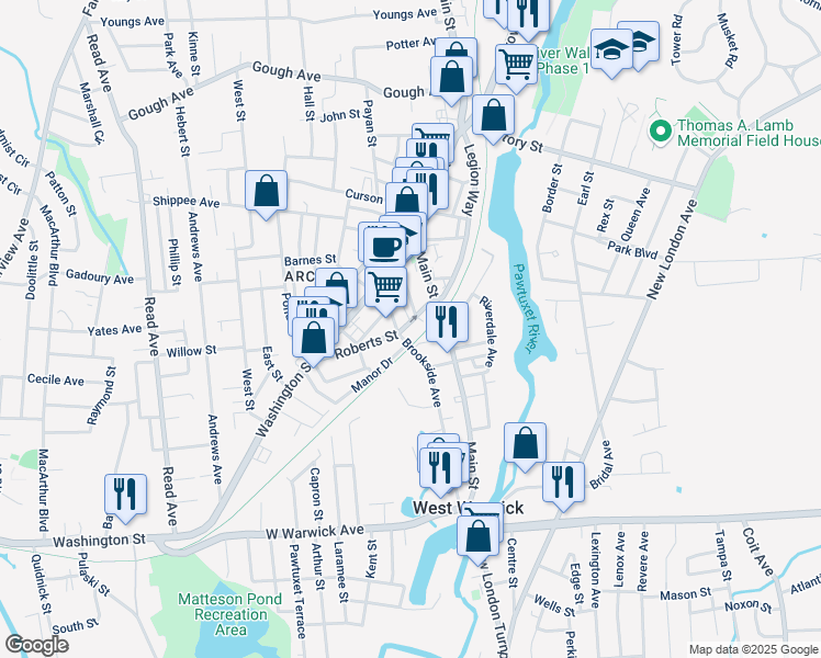 map of restaurants, bars, coffee shops, grocery stores, and more near 36 Roberts Street in West Warwick