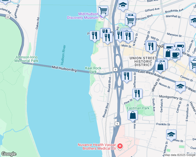 map of restaurants, bars, coffee shops, grocery stores, and more near 68 Gerald Drive in Poughkeepsie
