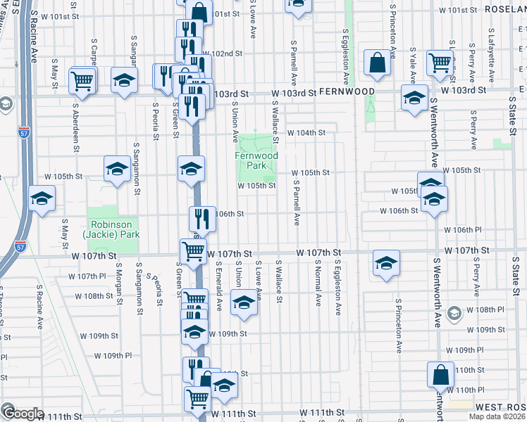 map of restaurants, bars, coffee shops, grocery stores, and more near 10559 South Lowe Avenue in Chicago